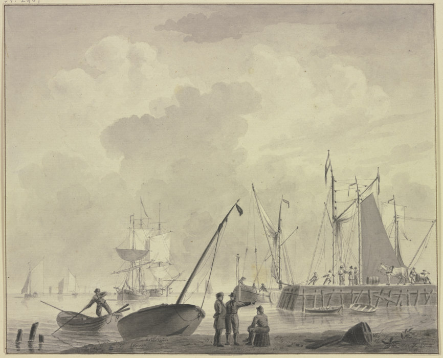 An einem Damm ziehen Matrosen ein Schiff vorbei von Cornelis Thim