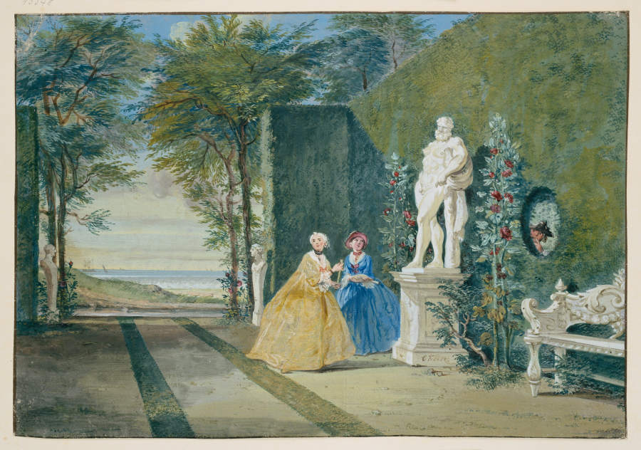 Parkansicht mit zwei jungen Damen neben einer Herkulesstatue von Cornelis Troost