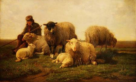 A Shepherd with Sheep and Lambs von Cornelis van Leemputten