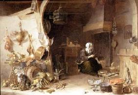 A Kitchen Interior with a Servant Girl Surrounded by Utensils, Vegetables and a Lobster on a Plate