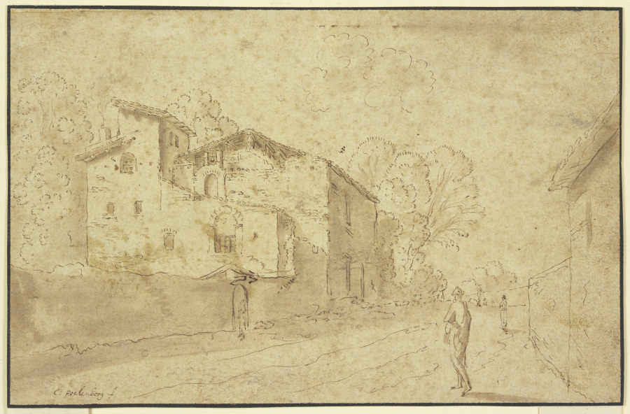 Landstraße an italienischen Gebäuden vorbeiführend von Cornelis van Poelenburch