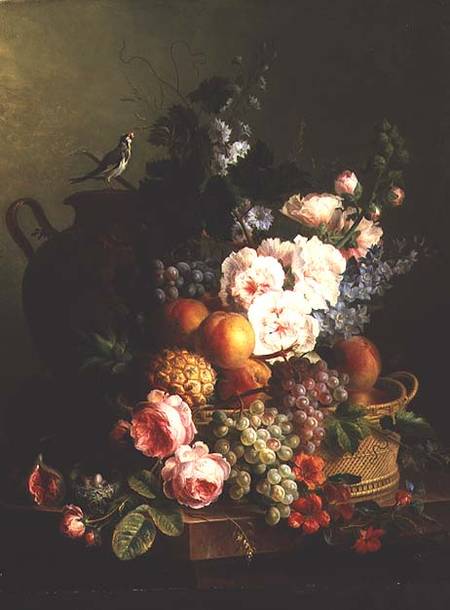Still Life of Fruits and Flowers in a Wicker Basket on a Ledge. von Cornelis van Spaendonck