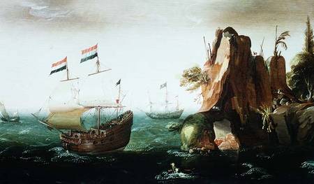 A Dutch Merchant Ship off a Rocky Coast von Cornelis Verbeeck
