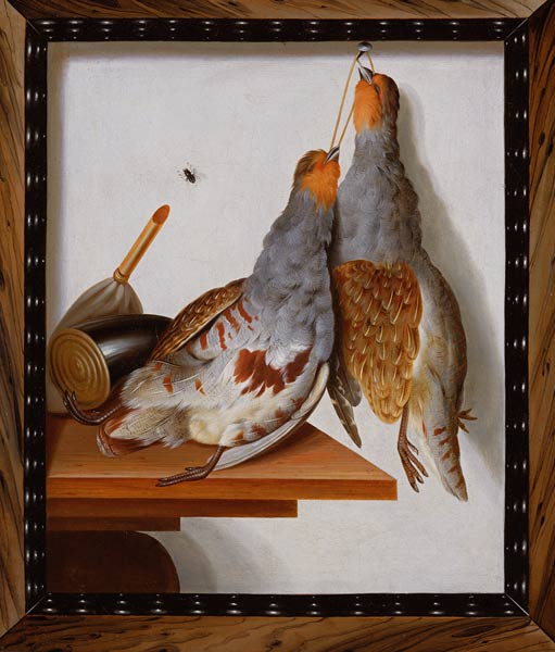 Trompe l'Oeil of Two Partridges Hanging from a Nail von Cornelius Biltius