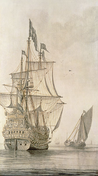 A Man-o'-war under sail seen from the stern with a boeiler nearby von Cornelius Bouwmeester
