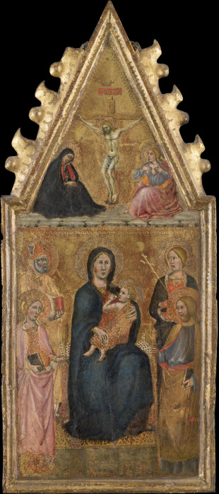 Thronende Madonna mit Kind und vier Heiligen, darüber Kreuzigung mit Maria und Johannes Ev. von Cristoforo di Bindoccio