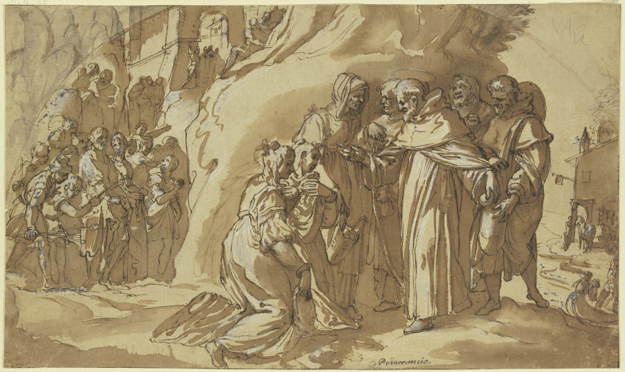 Eine Stadt, auf Felsen liegend, eine Menschenmenge kommt zu einem Mönch, der Brot an zwei Frauen aus von Cristoforo Roncalli