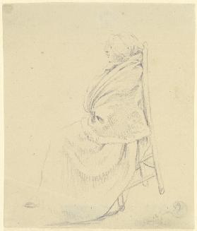 Junge Frau mit Haube und Umhang, auf einem nach vorne gekippten Stuhl sitzend