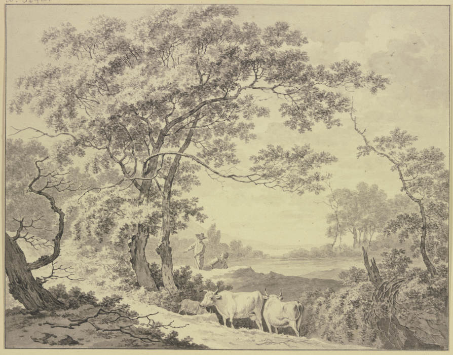 An einem von Wald umgebenem Teich, Hirte und Hirtin mit zwei Kühen und einer Ziege von Daniël Dupré