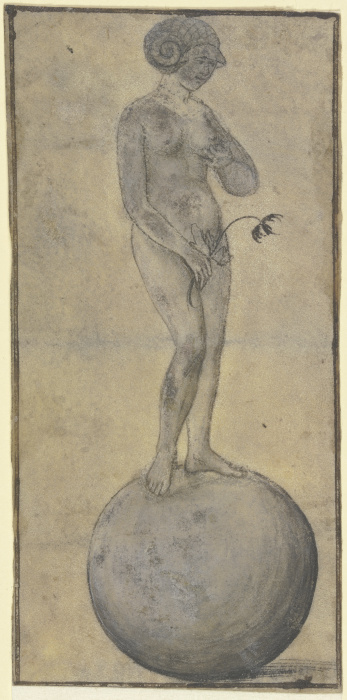 Stehende weibliche Aktfigur (Fortuna?) auf einer Kugel, in der Rechten einen Zweig haltend von Daniel Hopfer d. Ä.