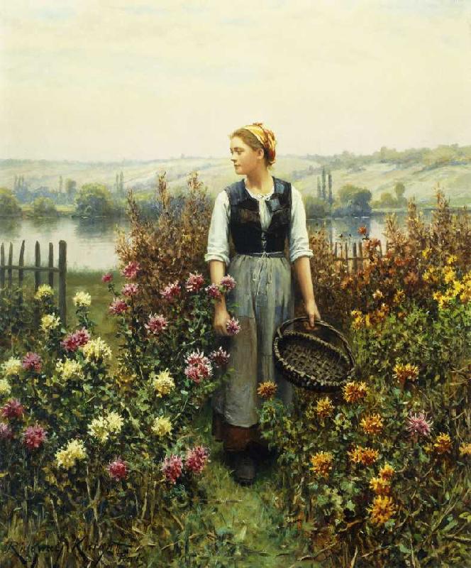 Junge Frau mit Korb in einem Garten. von Daniel Ridgway Knight