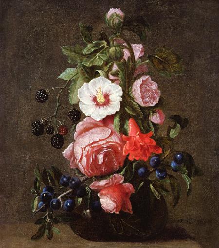 A Still Life of Mixed Flowers and Berries in a Glass Vase
