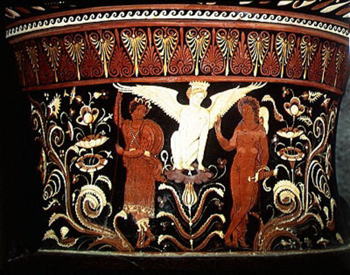 Apulian red-figure volute crater, detail of the neck depicting Oedipus and the Sphinx (pottery) (see von Darius Painter