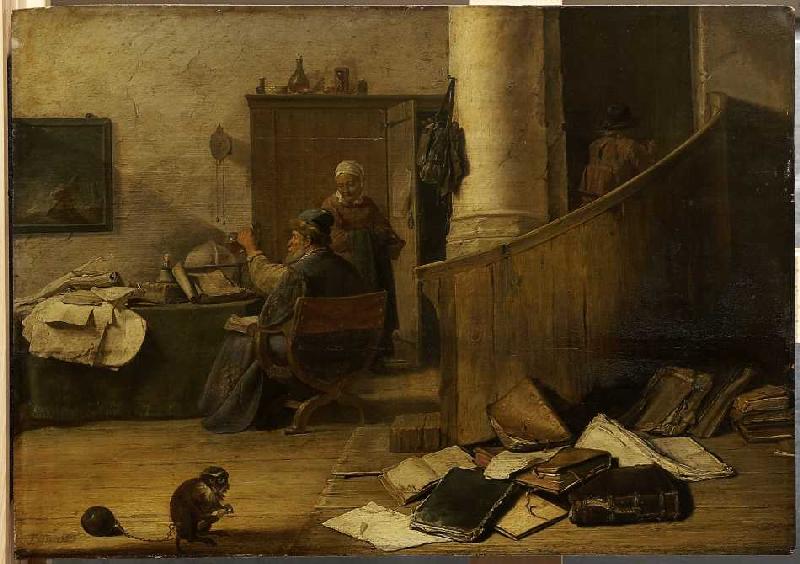Ein Arzt betrachtet in seinem Studierzimmer ein Uringlas. von David Teniers