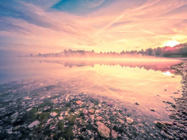 Schladitzer See im Nebel und Sonnenaufgang 3 von Dennis Wetzel