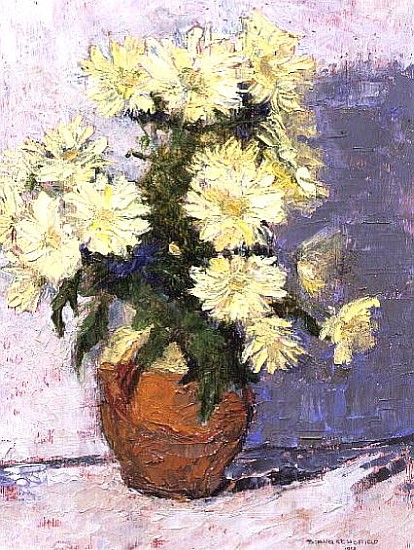 Small Chrysanthemums in a red jug, 1993 (board)  von Diana  Schofield