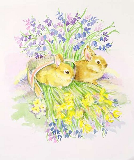 Rabbits in a basket with Daffodils and Bluebells  von Diane  Matthes