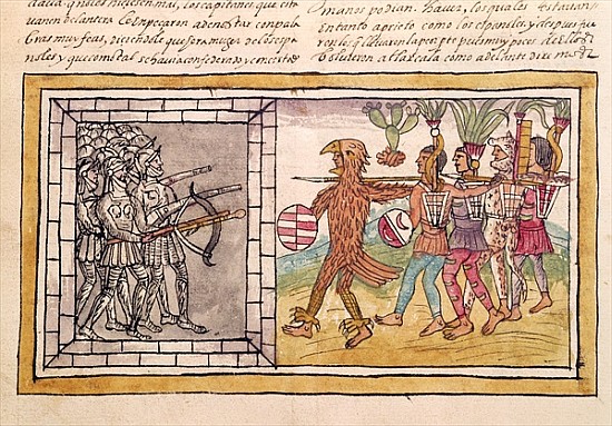Codex Duran: Pedro de Alvarado (c.1485-1541) companion-at-arms of Hernando Cortes (1485-1547) besieg von Diego Aztec warriors Duran