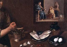 Kitchen Scene with Christ in the House of Martha and Mary (detail of Food on the Table with Christ, c.1618
