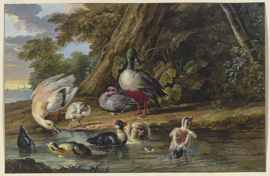 Zwei Enten mit ihren Jungen am Wasser von Dirck Dalens III