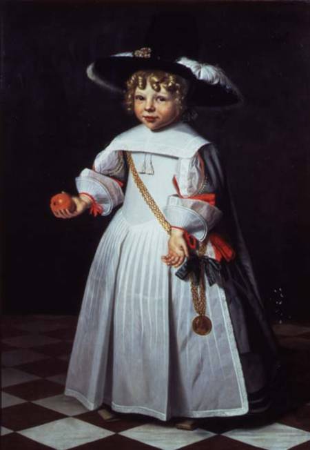 Portrait of a young child holding an orange von Dirck Santvoort