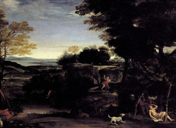 Domenichino /Landscape w.Sylvia & Satyr von Domenichino (eigentl. Domenico Zampieri)