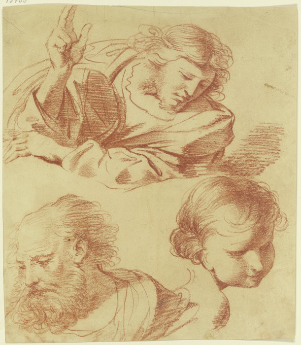 Studienblatt: Segnender Christus mit Blick nach unten, und zwei weitere Köpfe von Domenichino (eigentl. Domenico Zampieri)
