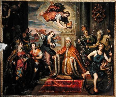 Doge Giovanni Bembo kneeling before the personification of the City of Venice von Domenico Tintoretto