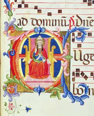 Ms 572 f.125r Historiated initial 'E' depicting St. Peter as the first bishop of Rome from an antiph von Don Simone Camaldolese