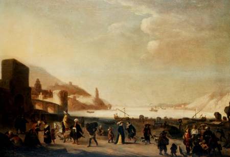 A port with street vendors and peasants in the foreground (panel) von Dutch School