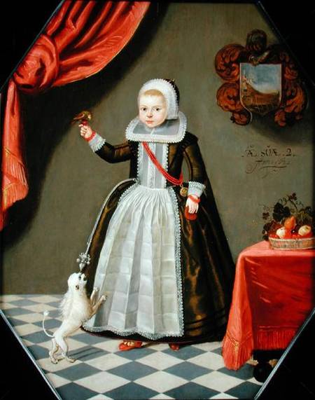 Portrait of a Young Girl with a Bird on her Finger and a Dog at her Feet von Dutch School