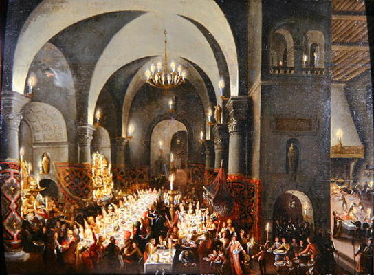 Belshazzar's Feast showing the hand of God writing the words 'Mane, Tekel, Phares' (oil on canvas) von Dutch School, (17th century)