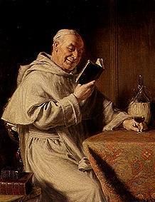 Lesender Mönch mit Rotweinglas. von E. Gruetsner