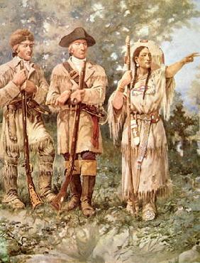 Lewis and Clark with Sacagawea (colour litho) (detail) 19th