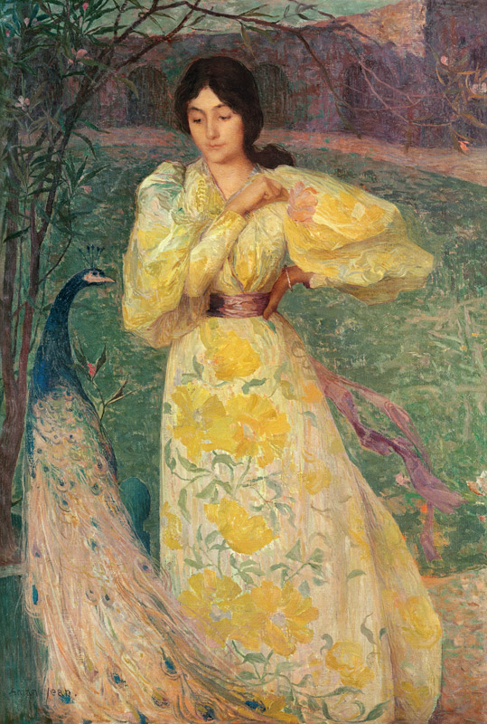 Young Girl with a Peacock (oil on canvas) von Edmond-Francois Aman-Jean