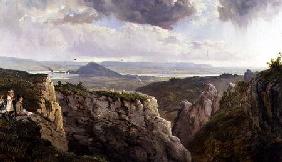The Elbor Rocks looking towards Glastonbury, with the artist, E.J. Niemann, painted by A.F. de Prade painted by