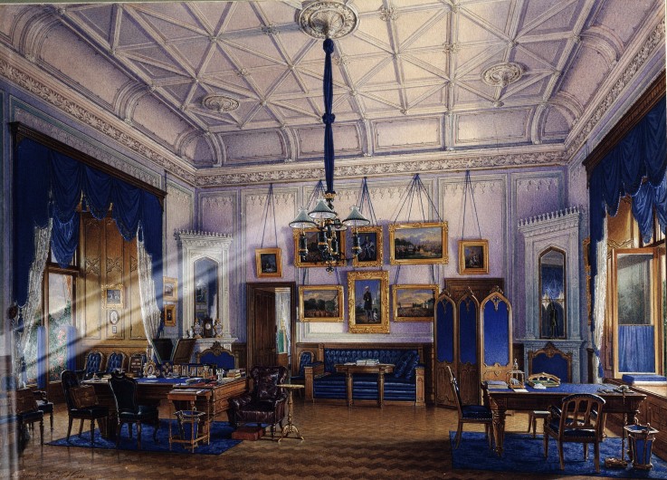 Das blaue Arbeitszimmer des Kaisers Alexander II. im Farmer Palais von Peterhof von Eduard Hau
