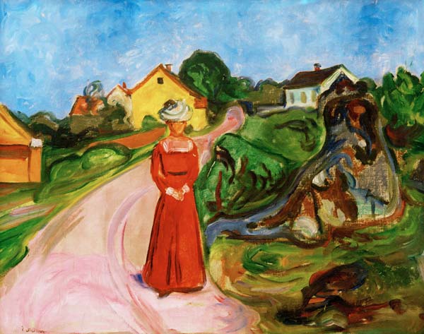 Frau in rotem Kleid (Straße in Åsgårdstrand) von Edvard Munch