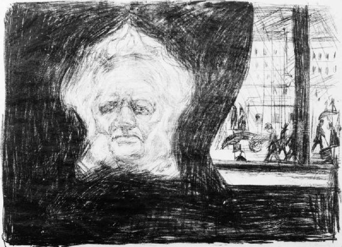 Ibsen, Henrik; norweg. Dramatiker. Skien 20.3.1828 - Christiania (Oslo) 23.5.1906. Ibsen im Café des von Edvard Munch
