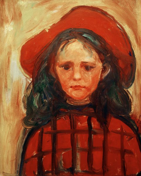 Mädchen mit rotkariertem Kleid und rotem Hut von Edvard Munch