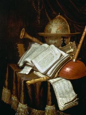 Vanitas with a globe, musical scores and instruments 1692