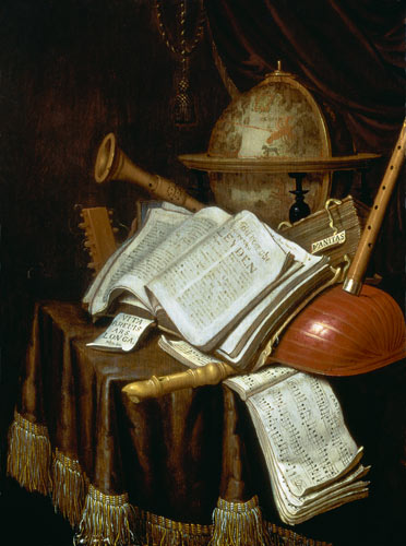 Vanitas with a globe, musical scores and instruments von Edwaert Colyer or Collier