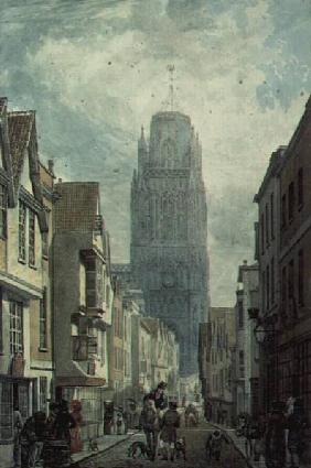 Redcliffe Street, Bristol, showing the Tower of the Church of St.Mary Redcliffe