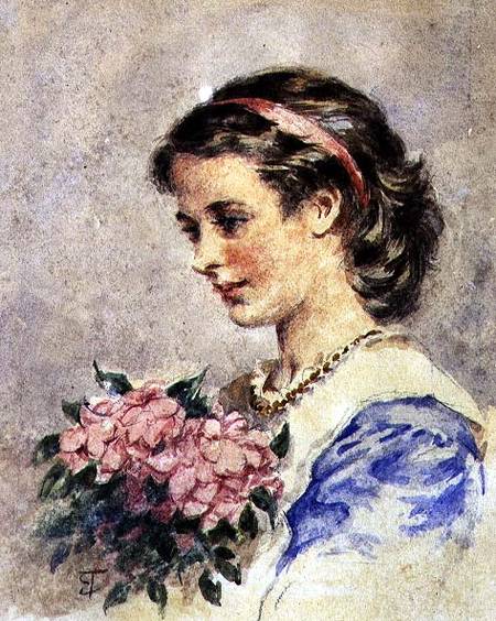 Young Girl with a Bunch of Pink Flowers (w/c over pencil on paper) von Edward Tayler