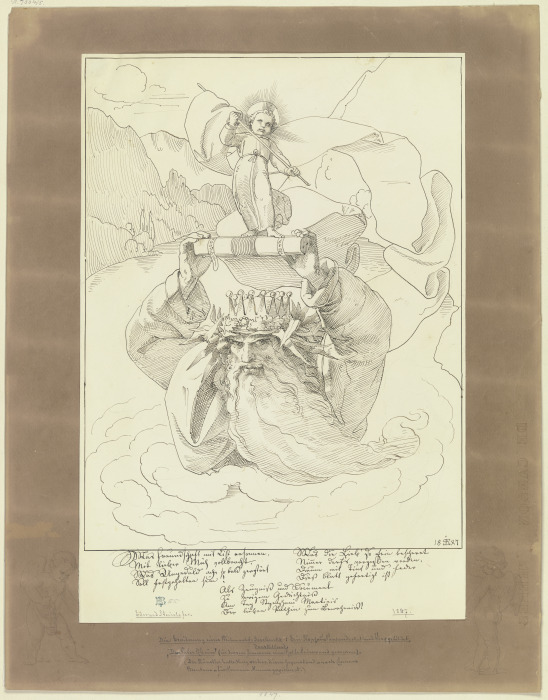 Brauner Montierungsbogen mit zwei das Hauptblatt rahmenden Putten an den unteren Ecken von Edward von Steinle