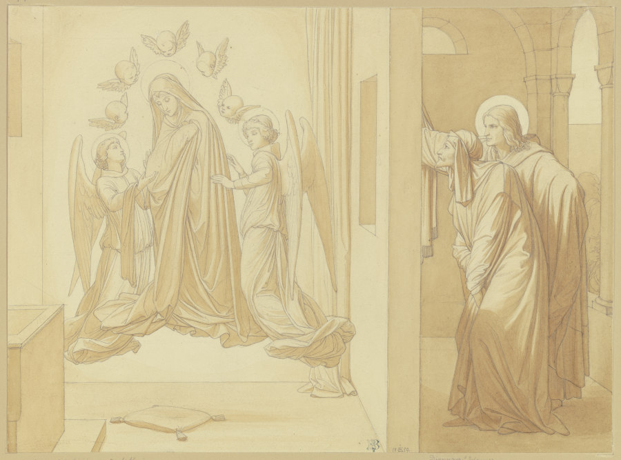 Die Heiligen Johannes der Evangelist und Dionysos, die im Gebet schwebende Maria beobachtend von Edward von Steinle