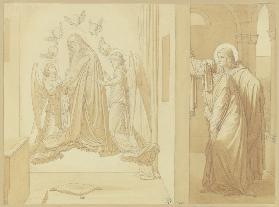Die Heiligen Johannes der Evangelist und Dionysos, die im Gebet schwebende Maria beobachtend