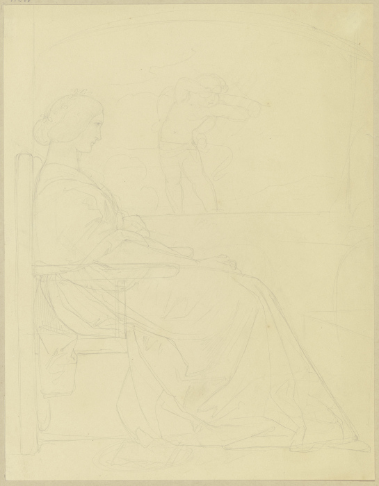 Eine Dame am Fenster sitzend, im Hintergrund ein Amorknabe (?) mit Pfeil und Bogen von Edward von Steinle