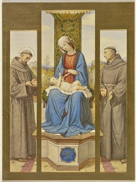 Madonna auf dem Thron, daneben die Heiligen Franziscus und Antonius, als Triptychon