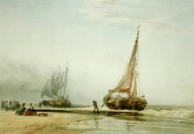 Dutch Fishing Boats on the Beach with Groups of Fisherfolk 1856  on
